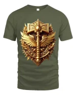 Golden Warrior Emblem Shield Sword Fantasy T Shirt - military green t-shirt on white background