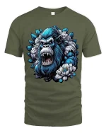 Fierce Blue Gorilla Floral Power Graphic T Shirt - military green t-shirt on white background