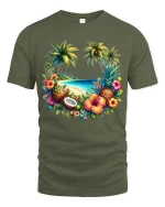 Tropical Beach Paradise Fruit Island Graphic T Shirt - military green t-shirt on white background