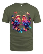 Colorful Love Birds Floral Circle Art Graphic T Shirt - military green t-shirt on white background