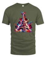 Colorful Eiffel Tower Paris Splash Art Graphic T Shirt - military green t-shirt on white background