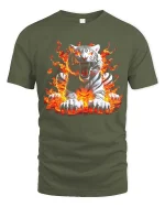 Fierce White Tiger Fire Flames Graphic T Shirt - military green t-shirt on white background