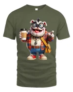 Funny Bulldog Hipster Coffee Cartoon Graphic T Shirt - military green t-shirt on white background