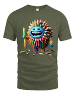Funny Color Pencil Monster Cartoon Artist T Shirt - military green t-shirt on white background