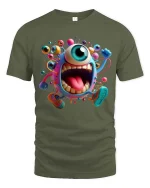 Funny One Eyed Monster Cartoon Running Graphic T Shirt - military green t-shirt on white background