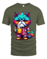 Grumpy Colorful Cat Drinking Coffee Funny T Shirt - military green t-shirt on white background