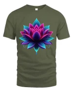 Vibrant Neon Lotus Flower Spiritual Art T Shirt - military green t-shirt on white background