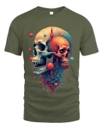 Surreal Dual Skull Abstract Art Graphic T Shirt - military green t-shirt on white background