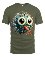 Funny Cute Germ Monster Cartoon Big Eyes T Shirt - military green t-shirt on white background