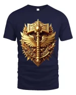 Golden Warrior Emblem Shield Sword Fantasy T Shirt - navy t-shirt on white background