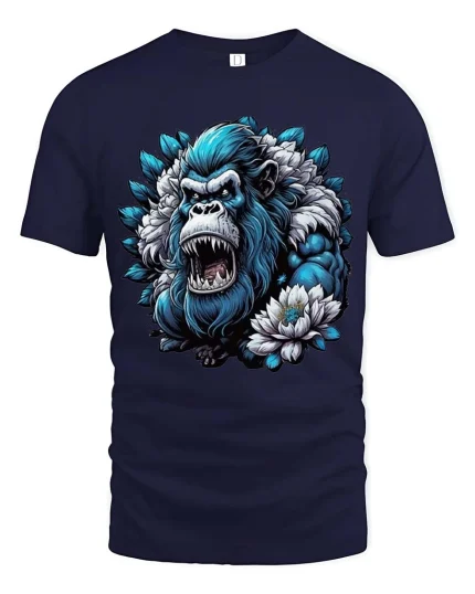 Fierce Blue Gorilla Floral Power Graphic T Shirt - navy t-shirt on white background