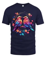 Colorful Love Birds Floral Circle Art Graphic T Shirt - navy t-shirt on white background