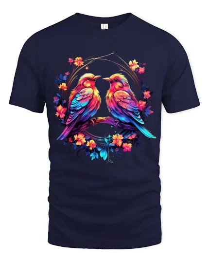 Colorful Love Birds Floral Circle Art Graphic T Shirt - navy t-shirt on white background