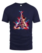 Colorful Eiffel Tower Paris Splash Art Graphic T Shirt - navy t-shirt on white background