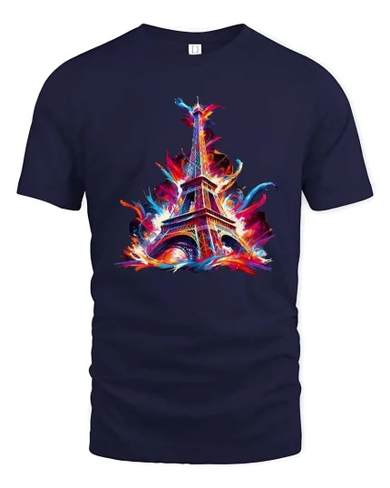 Colorful Eiffel Tower Paris Splash Art Graphic T Shirt - navy t-shirt on white background