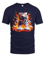 Fierce White Tiger Fire Flames Graphic T Shirt - navy t-shirt on white background