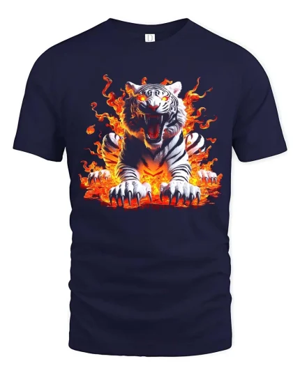 Fierce White Tiger Fire Flames Graphic T Shirt - navy t-shirt on white background