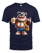 Funny Bulldog Hipster Coffee Cartoon Graphic T Shirt - navy t-shirt on white background