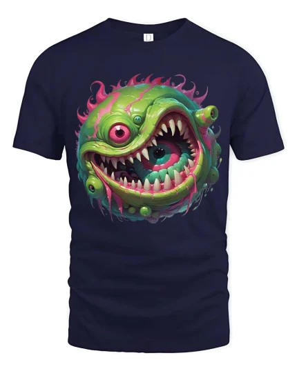 Crazy One Eye Monster Slime Cartoon Graphic T Shirt - navy t-shirt on white background