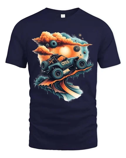 Off Road Adventure Truck Sunset Landscape T Shirt - navy t-shirt on white background