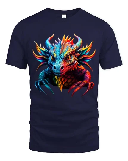 Colorful Fantasy Dragon Head Fierce Graphic T Shirt - navy t-shirt on white background