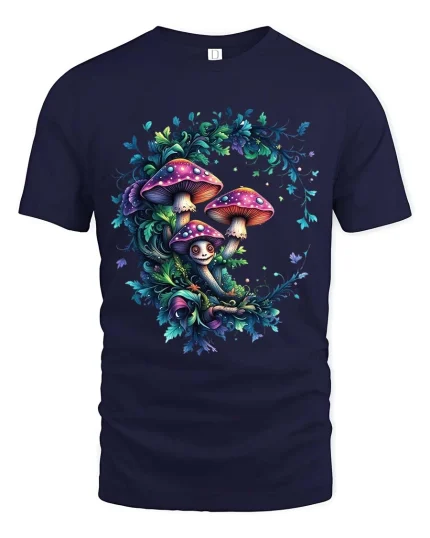 Magical Mushroom Forest Fairy Circle Art T Shirt - navy t-shirt on white background