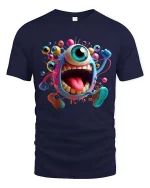 Funny One Eyed Monster Cartoon Running Graphic T Shirt - navy t-shirt on white background