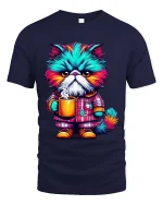Grumpy Colorful Cat Drinking Coffee Funny T Shirt - navy t-shirt on white background