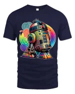 Retro Colorful Robot Droid Cartoon Sci Fi T Shirt - navy t-shirt on white background