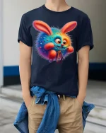 Funny Rainbow Bunny Riding Bike Graphic T Shirt - model wearing navy tee with hands in pockets