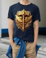 Golden Warrior Emblem Shield Sword Fantasy T Shirt - model wearing navy tee with hands in pockets