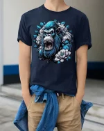 Fierce Blue Gorilla Floral Power Graphic T Shirt - model wearing navy tee with hands in pockets