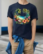 Tropical Beach Paradise Fruit Island Graphic T Shirt - model wearing navy tee with hands in pockets