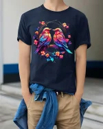 Colorful Love Birds Floral Circle Art Graphic T Shirt - model wearing navy tee with hands in pockets