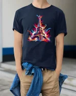 Colorful Eiffel Tower Paris Splash Art Graphic T Shirt - model wearing navy tee with hands in pockets