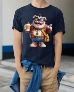 Funny Bulldog Hipster Coffee Cartoon Graphic T Shirt - model wearing navy tee with hands in pockets