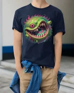 Crazy One Eye Monster Slime Cartoon Graphic T Shirt - model wearing navy tee with hands in pockets