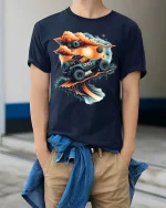 Off Road Adventure Truck Sunset Landscape T Shirt - model wearing navy tee with hands in pockets