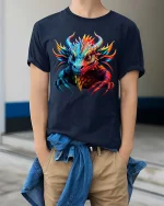 Colorful Fantasy Dragon Head Fierce Graphic T Shirt - model wearing navy tee with hands in pockets