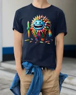 Funny Color Pencil Monster Cartoon Artist T Shirt - model wearing navy tee with hands in pockets