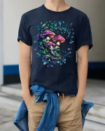 Magical Mushroom Forest Fairy Circle Art T Shirt - model wearing navy tee with hands in pockets
