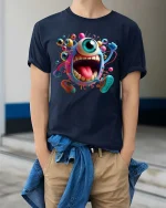 Funny One Eyed Monster Cartoon Running Graphic T Shirt - model wearing navy tee with hands in pockets