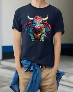 Cute Fantasy Dragon Cow Hybrid Cartoon Art T Shirt - model wearing navy tee with hands in pockets