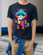Grumpy Colorful Cat Drinking Coffee Funny T Shirt - model wearing navy tee with hands in pockets