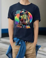 Retro Colorful Robot Droid Cartoon Sci Fi T Shirt - model wearing navy tee with hands in pockets