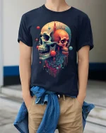Surreal Dual Skull Abstract Art Graphic T Shirt - model wearing navy tee with hands in pockets