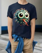 Funny Cute Germ Monster Cartoon Big Eyes T Shirt - model wearing navy tee with hands in pockets