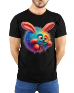 Funny Rainbow Bunny Riding Bike Graphic T Shirt - model wearing black tee with hands behind back