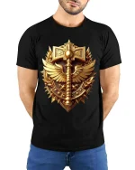 Golden Warrior Emblem Shield Sword Fantasy T Shirt - model wearing black tee with hands behind back