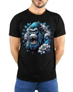 Fierce Blue Gorilla Floral Power Graphic T Shirt - model wearing black tee with hands behind back